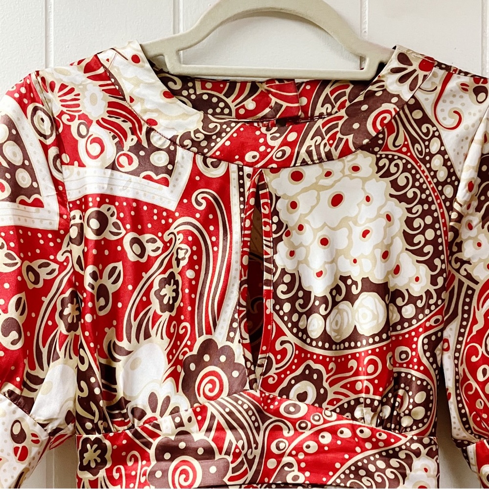 Y2K BCBGMAXAZRIA Floral Blouse Satin Puff Sleeve SZ Medium Whimsical Feminine - Picture 3 of 11